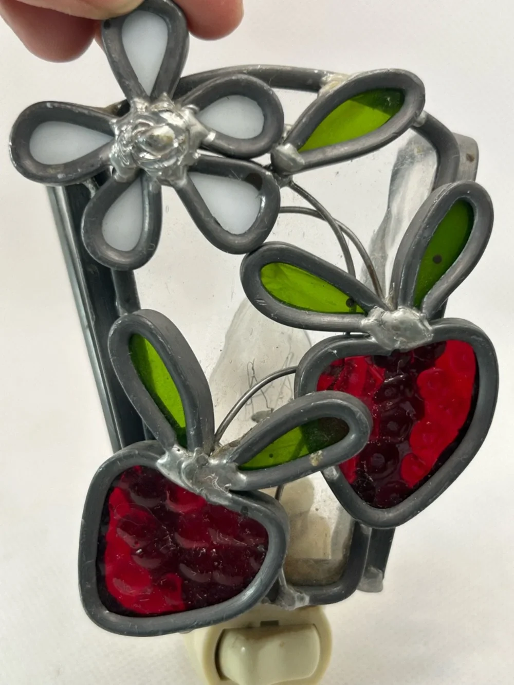 Vintage Stained Glass Night Light Strawberry Flower Red Green Handmade